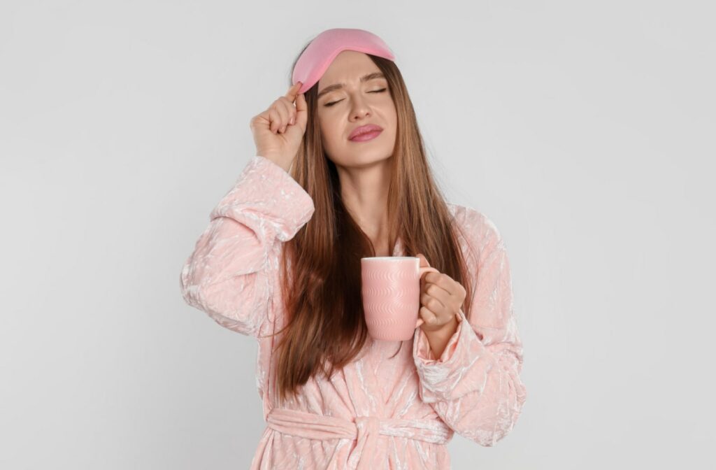 A woman wearing a pink robe and pink eye mask, and holding a pink mug after she just woke up from sleep.