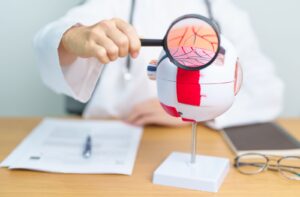 An optometrist uses a magnifying glass to focus on an anatomical eye's blood vessels.