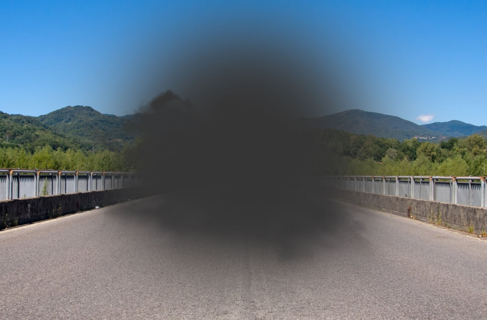 A black smudge in the center of a landscape illustrates what central vision loss may look like.