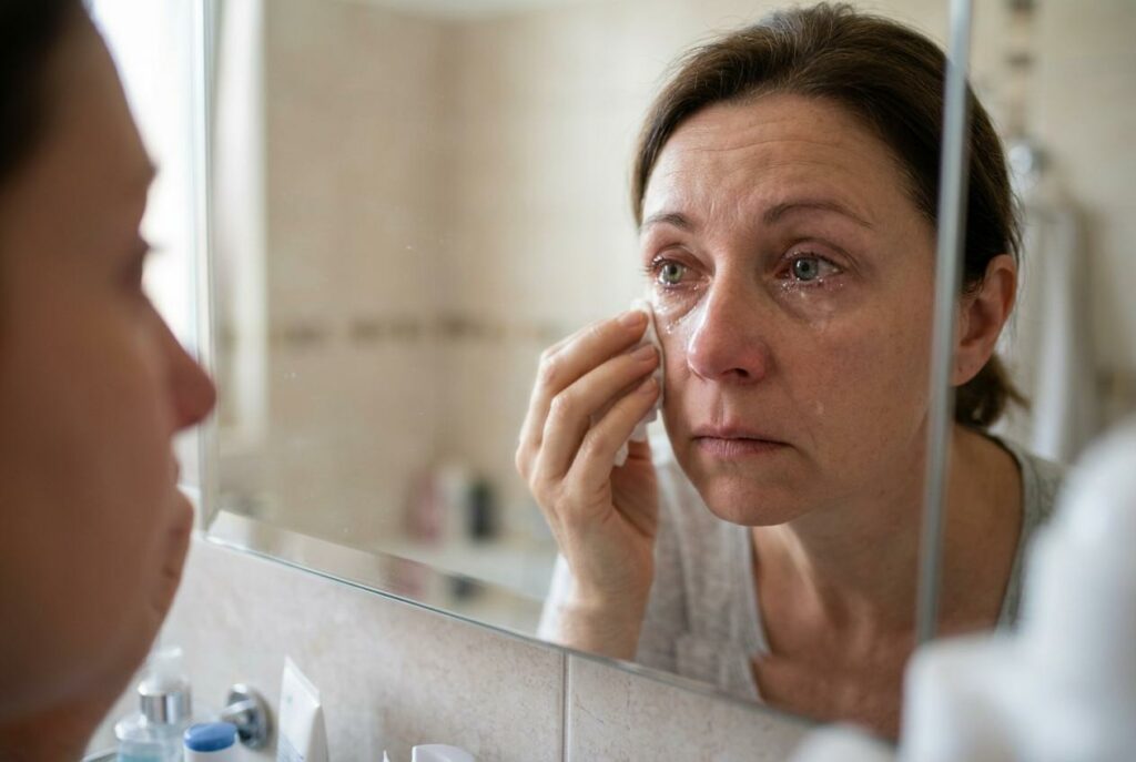 A middle-aged woman dabbing tears from her eye with a cotton pad while looking at her reflection in a bathroom mirror.