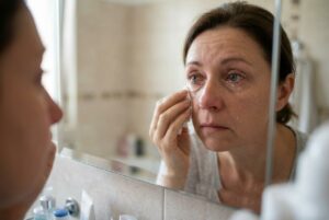 A middle-aged woman dabbing tears from her eye with a cotton pad while looking at her reflection in a bathroom mirror.