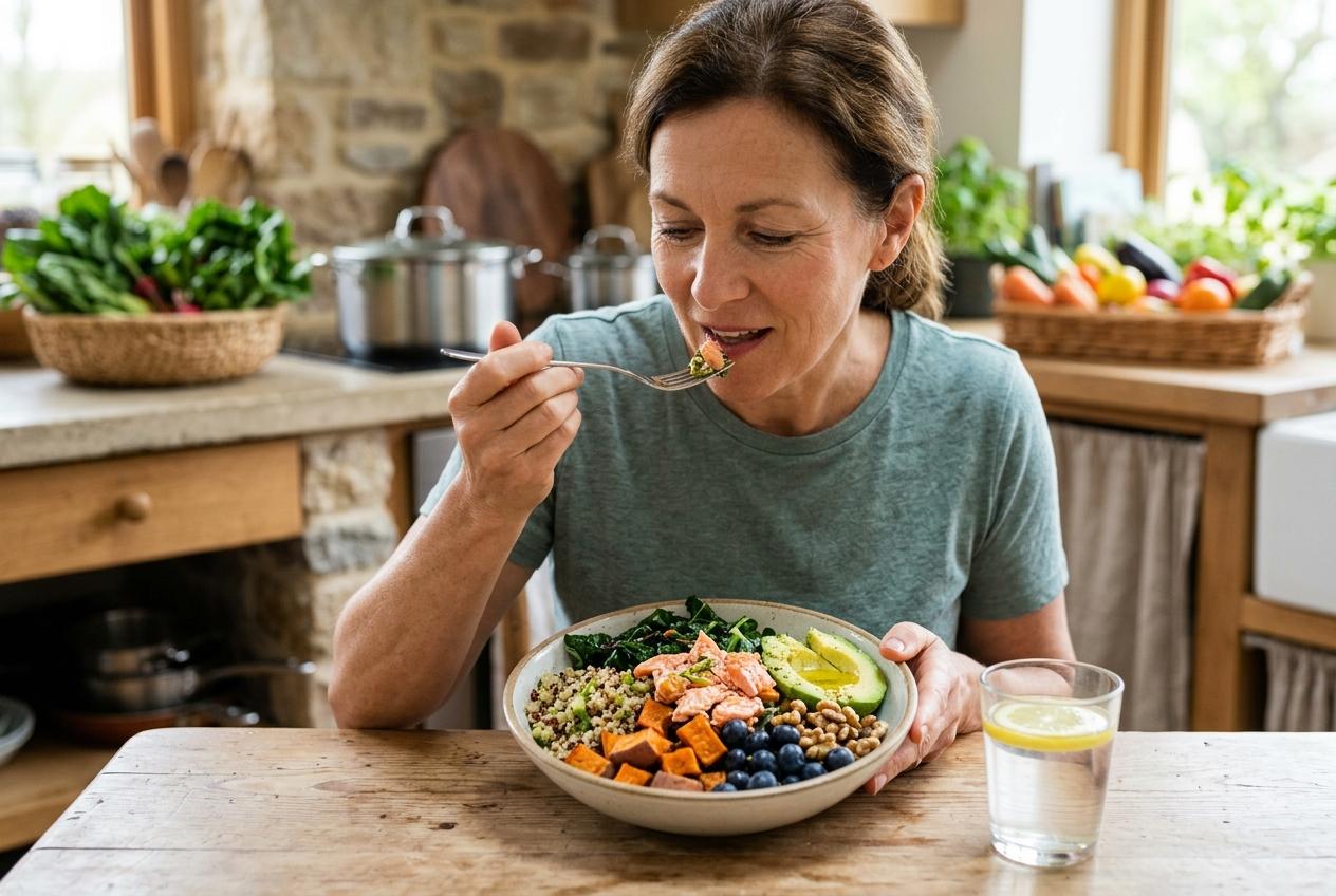 A middle-aged woman eating a grain bowl with salmon, avocado, blueberries, and greens at a kitchen table, with a glass of water nearby.