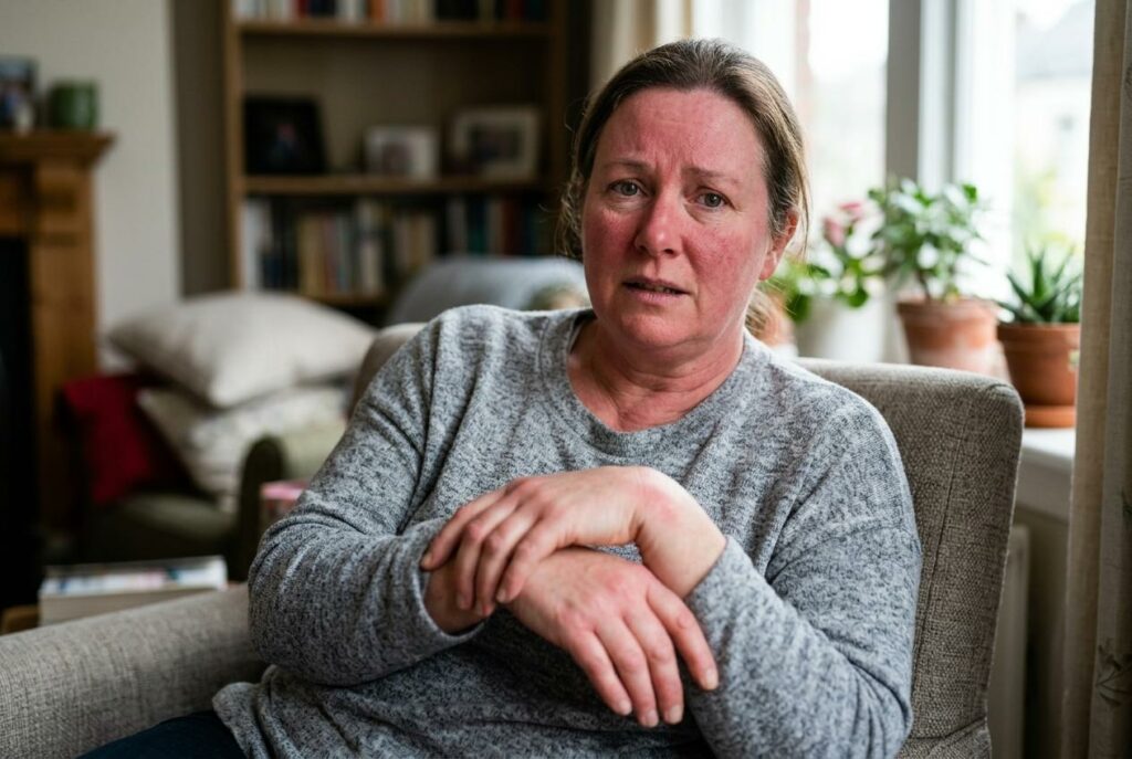 A middle-aged woman sitting in an armchair at home, hands clasped, with a concerned expression on her face.