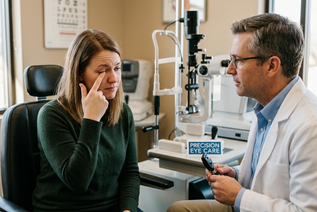 A patient points to her eye while talking to an optometrist holding an ophthalmoscope in an eye exam room.