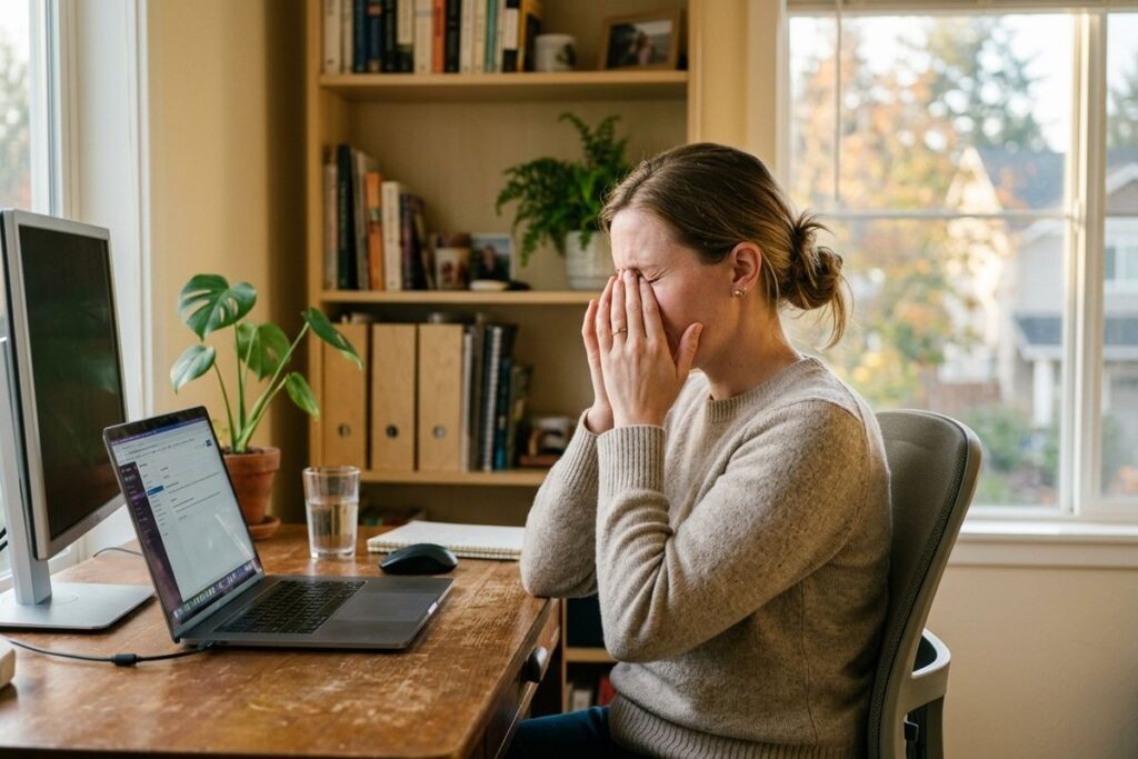 A person at a home desk rubbing their face with both hands, in front of a laptop and monitor.