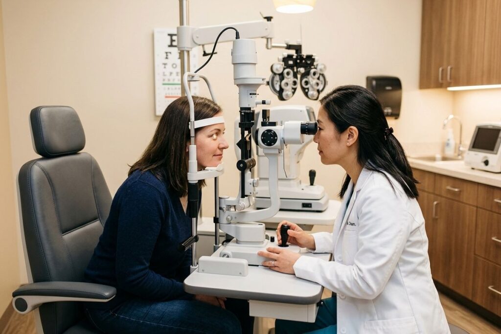 An optometrist examines a patient's eyes using a slit lamp during an exam, with the patient's chin resting in the device.