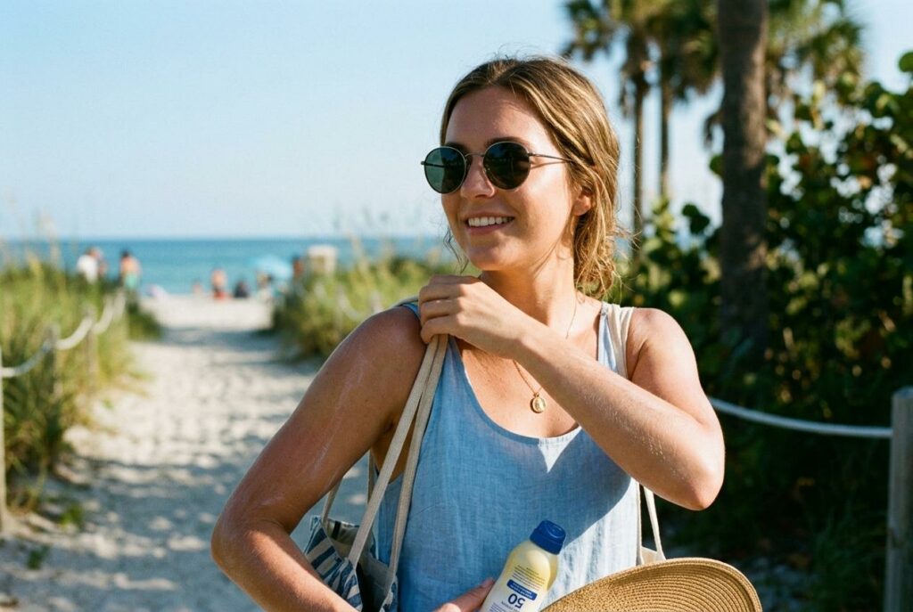 Smiling woman wearing sunglasses walking along a sandy beach path, carrying a tote bag and a bottle of SPF 50 sunscreen.