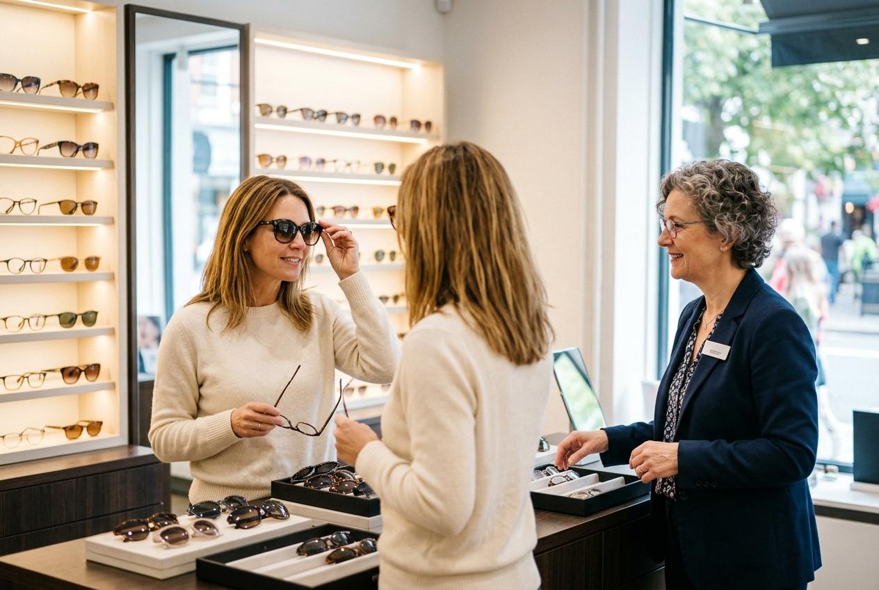 Two customers try on sunglasses at an eyewear store counter while a smiling staff member assists them, with frames displayed on shelves behind.