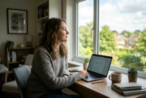 Woman sitting at a home desk with an open laptop, gazing out a window at trees, with a coffee mug and notebooks nearby.
