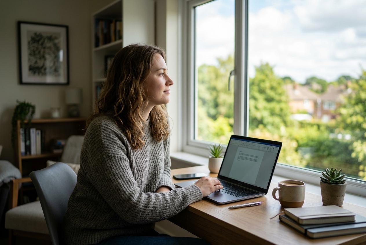 Woman sitting at a home desk with an open laptop, gazing out a window at trees, with a coffee mug and notebooks nearby.