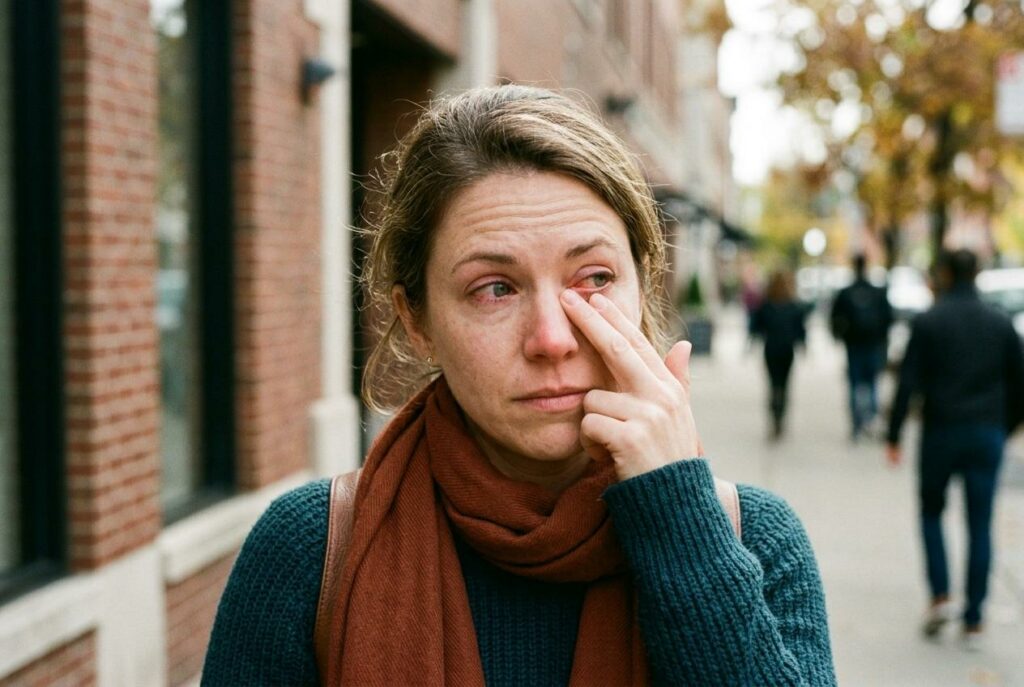 Woman standing on a city sidewalk, rubbing her eye with one finger, wearing a teal sweater and rust-colored scarf.