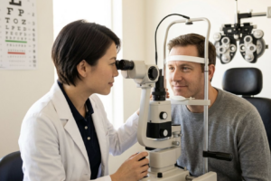 Optometrist examining a patient's eyes with a slit lamp; eye chart on wall behind them.