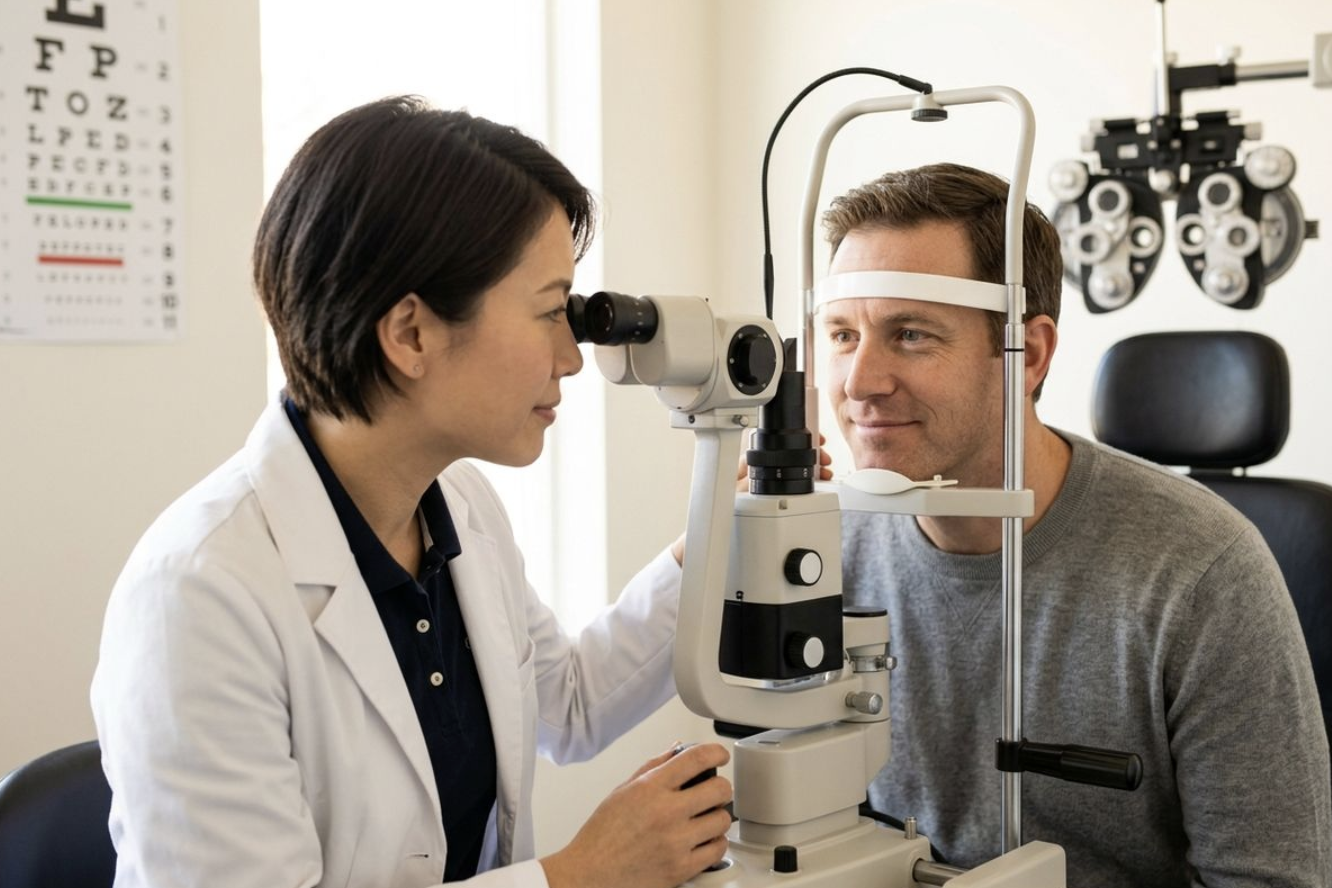 Optometrist examining a patient's eyes with a slit lamp; eye chart on wall behind them.