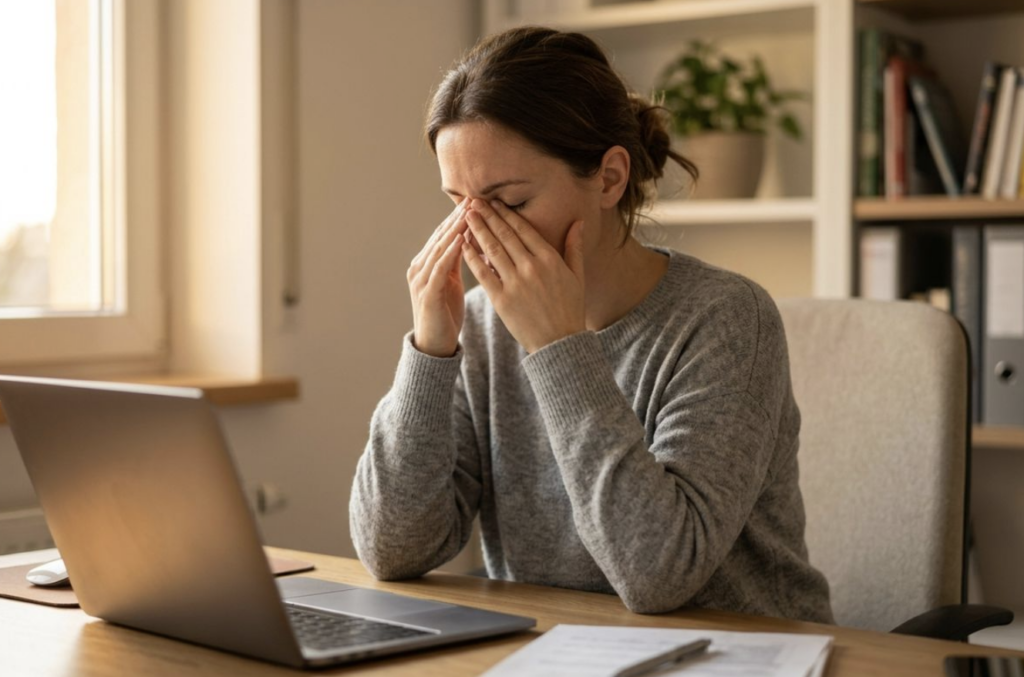 Person in gray sweater rubbing eyes while sitting at desk with laptop, looking tired.