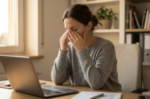 Person in gray sweater rubbing eyes while sitting at desk with laptop, looking tired.