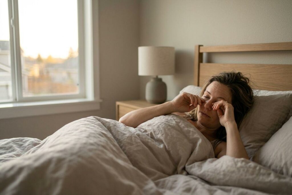 An adult lying in bed rubbing their eyes, near a window with morning light.