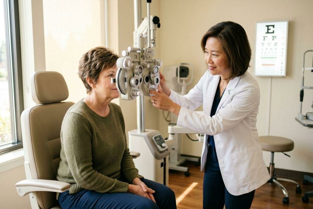 An optometrist adjusts a phoropter for a seated patient during an eye exam, with an eye chart on the wall in the background.