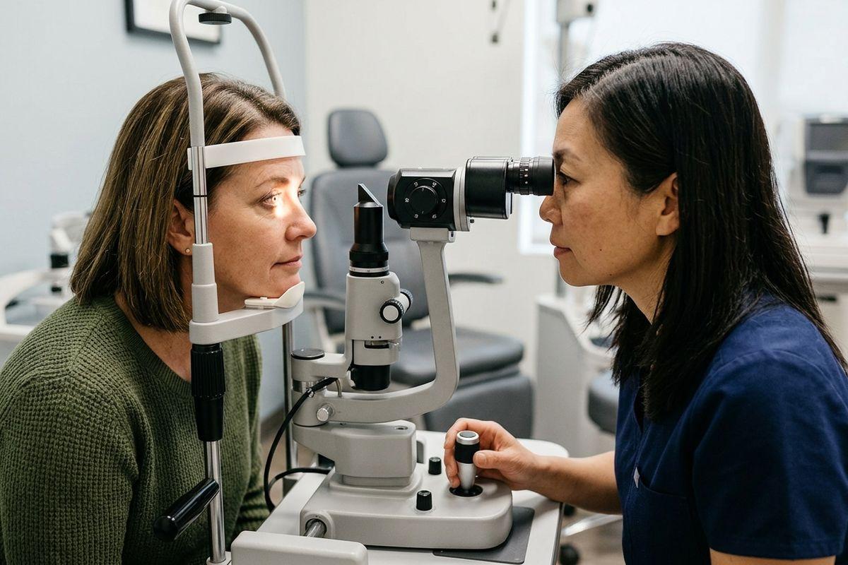 An optometrist examines a patient's eyes using a slit lamp in an exam room, both facing each other through the device.