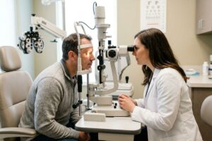 An optometrist examines a patient's eyes using a slit lamp in an exam room, with an eye chart on the wall in the background.