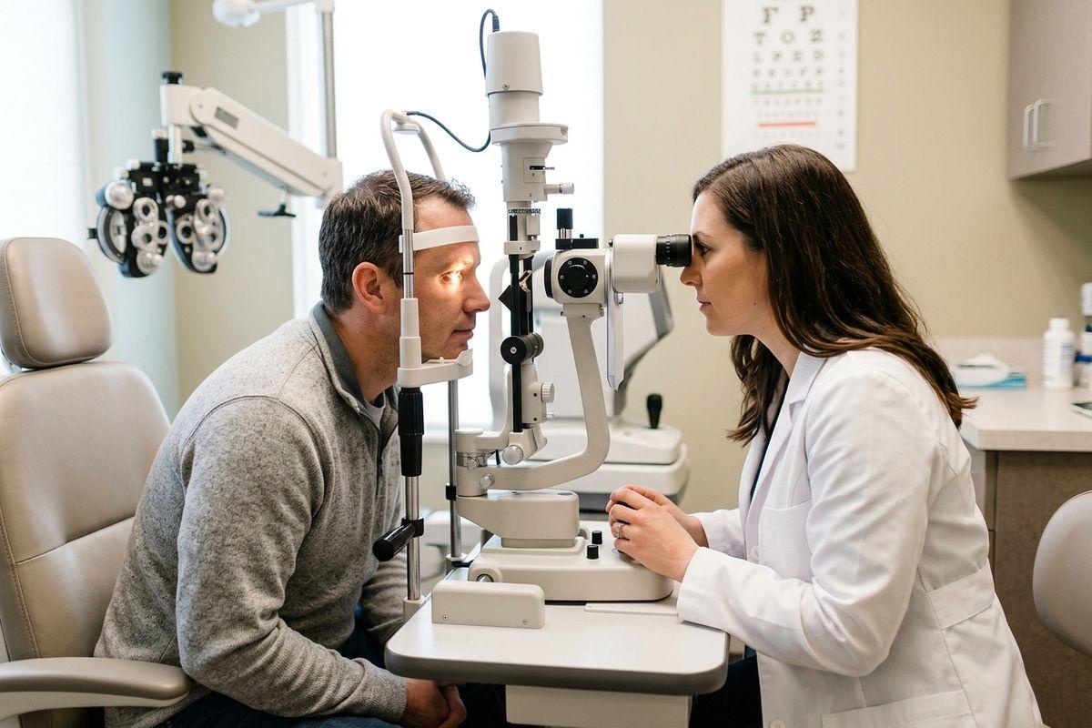 An optometrist examines a patient's eyes using a slit lamp in an exam room, with an eye chart on the wall in the background.
