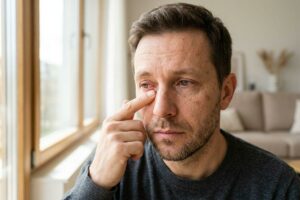 An adult pulling down the lower eyelid of a reddened, watering eye while sitting near a window indoors.