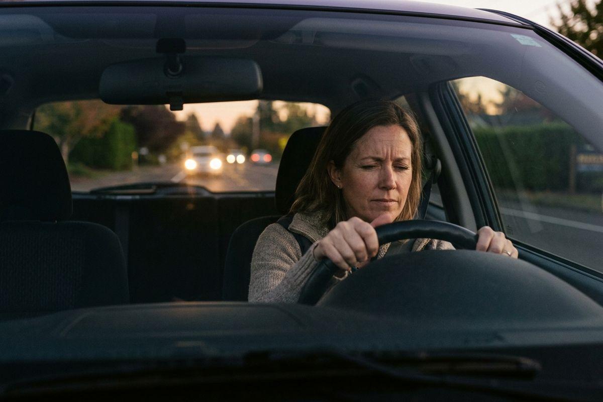 A person driving a car at dusk, gripping the steering wheel with squinted eyes.