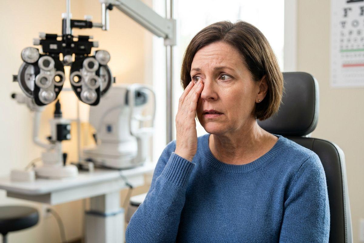 A person rubbing one eye while seated in an optometrist's exam chair, phoropter and eye chart nearby.