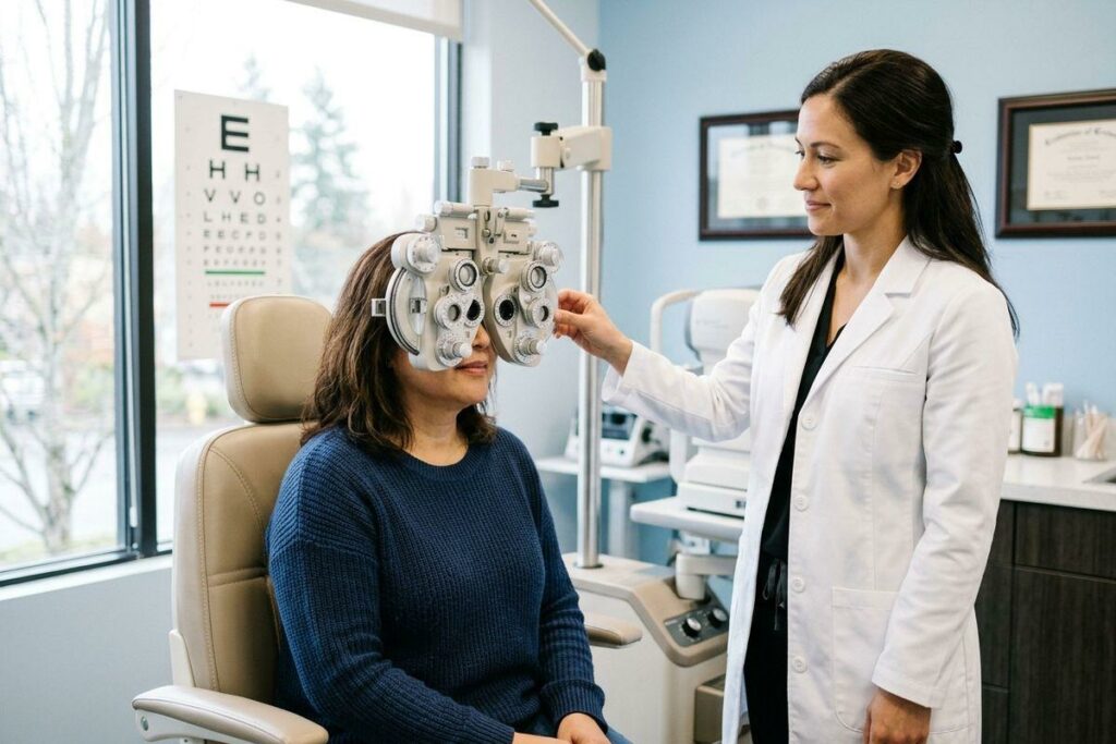 An optometrist adjusts a phoropter for a seated patient during an eye exam.