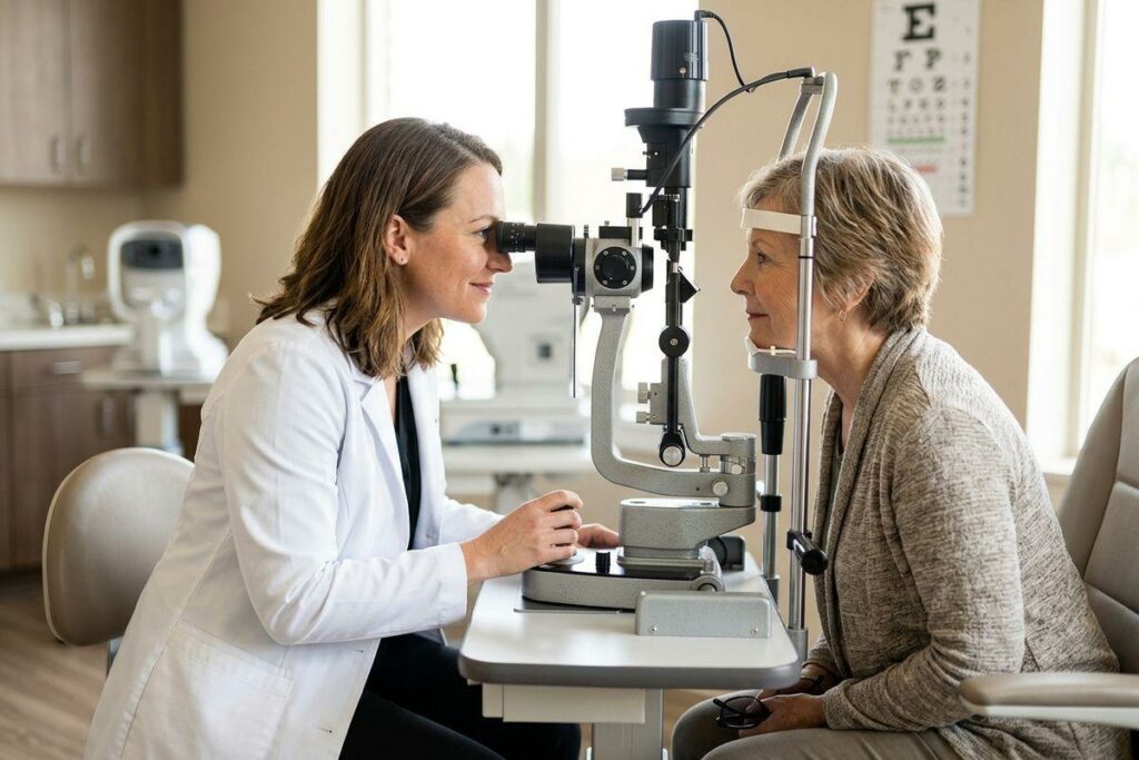 An optometrist examines an older patient's eyes using a slit lamp in an exam room, with an eye chart on the wall.